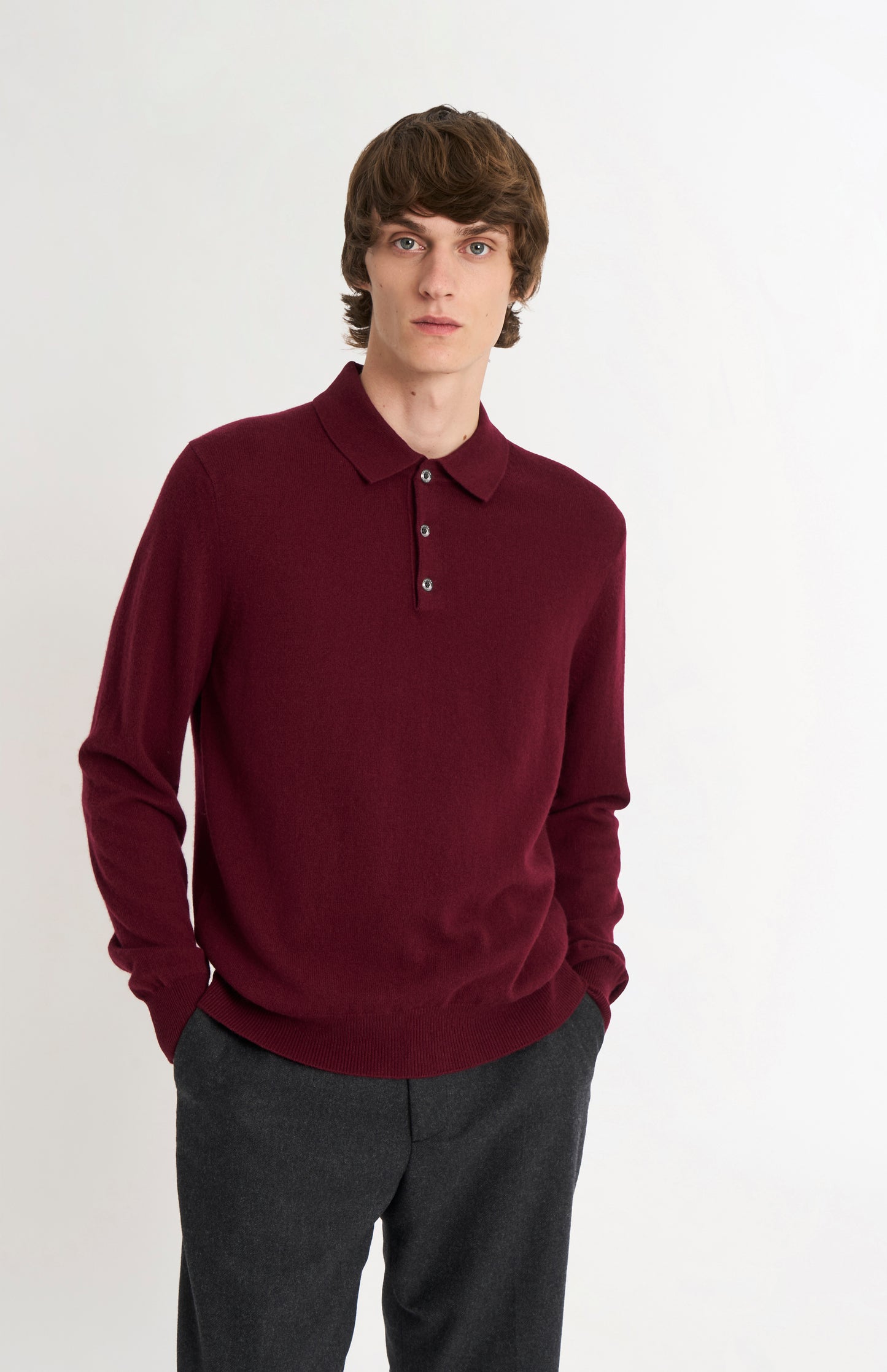 Pringle of Scotland Men’s Cashmere Polo Shirt Jumper In Burgundy on model