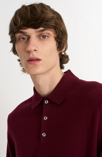 Pringle of Scotland Men’s Cashmere Polo Shirt Jumper In Burgundy neck detail