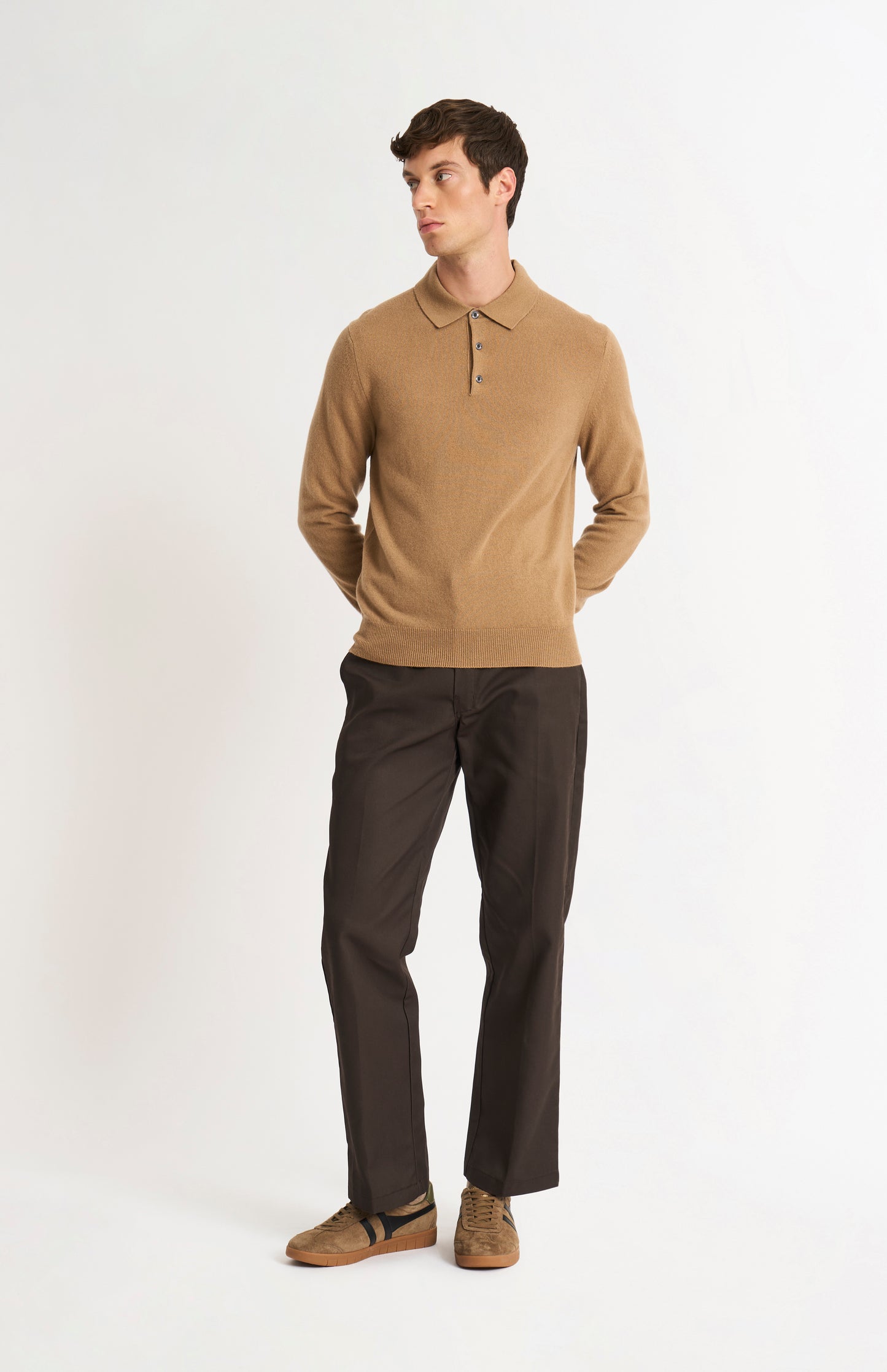 Pringle of Scotland Men’s Cashmere Polo Shirt Jumper In Camel on standing model