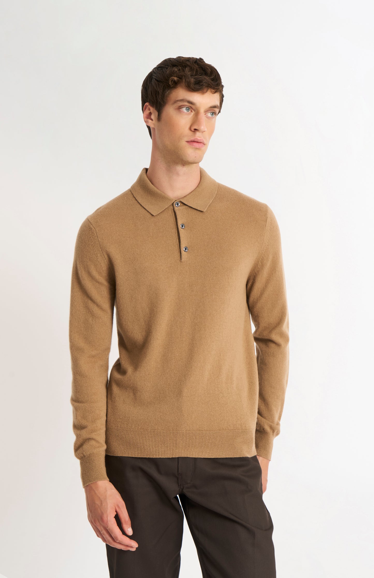Pringle of Scotland Men’s Cashmere Polo Shirt Jumper In Camel on model