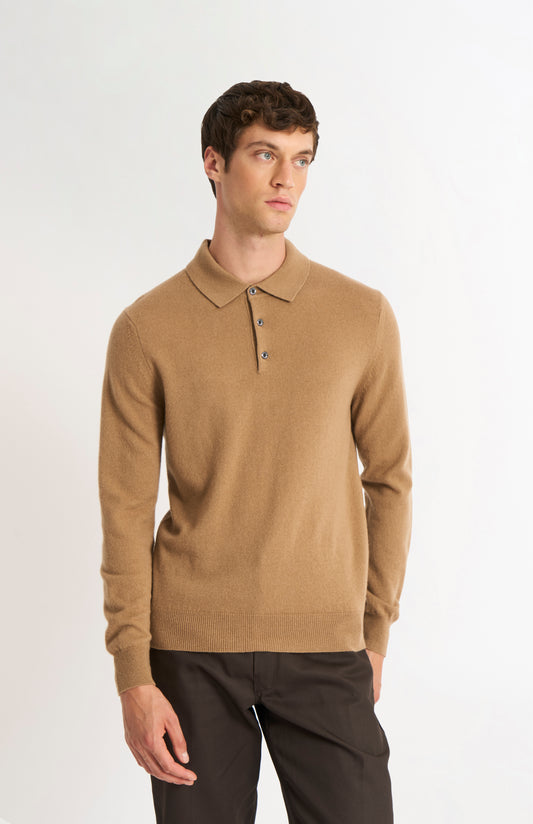 Pringle of Scotland Men’s Cashmere Polo Shirt Jumper In Camel on model