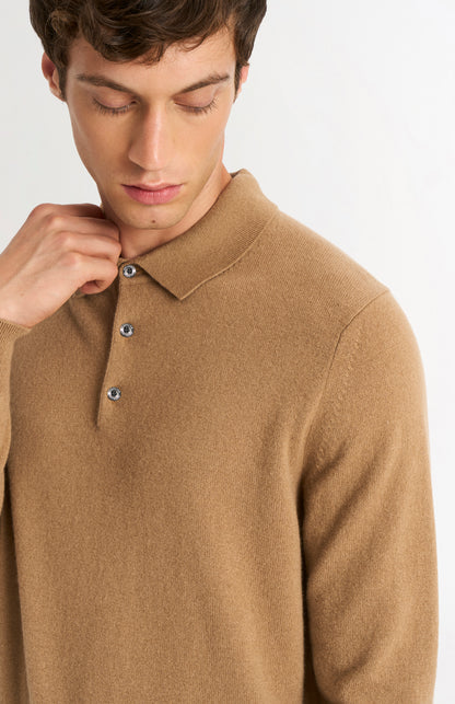 Pringle of Scotland Men’s Cashmere Polo Shirt Jumper In Camel neck detail