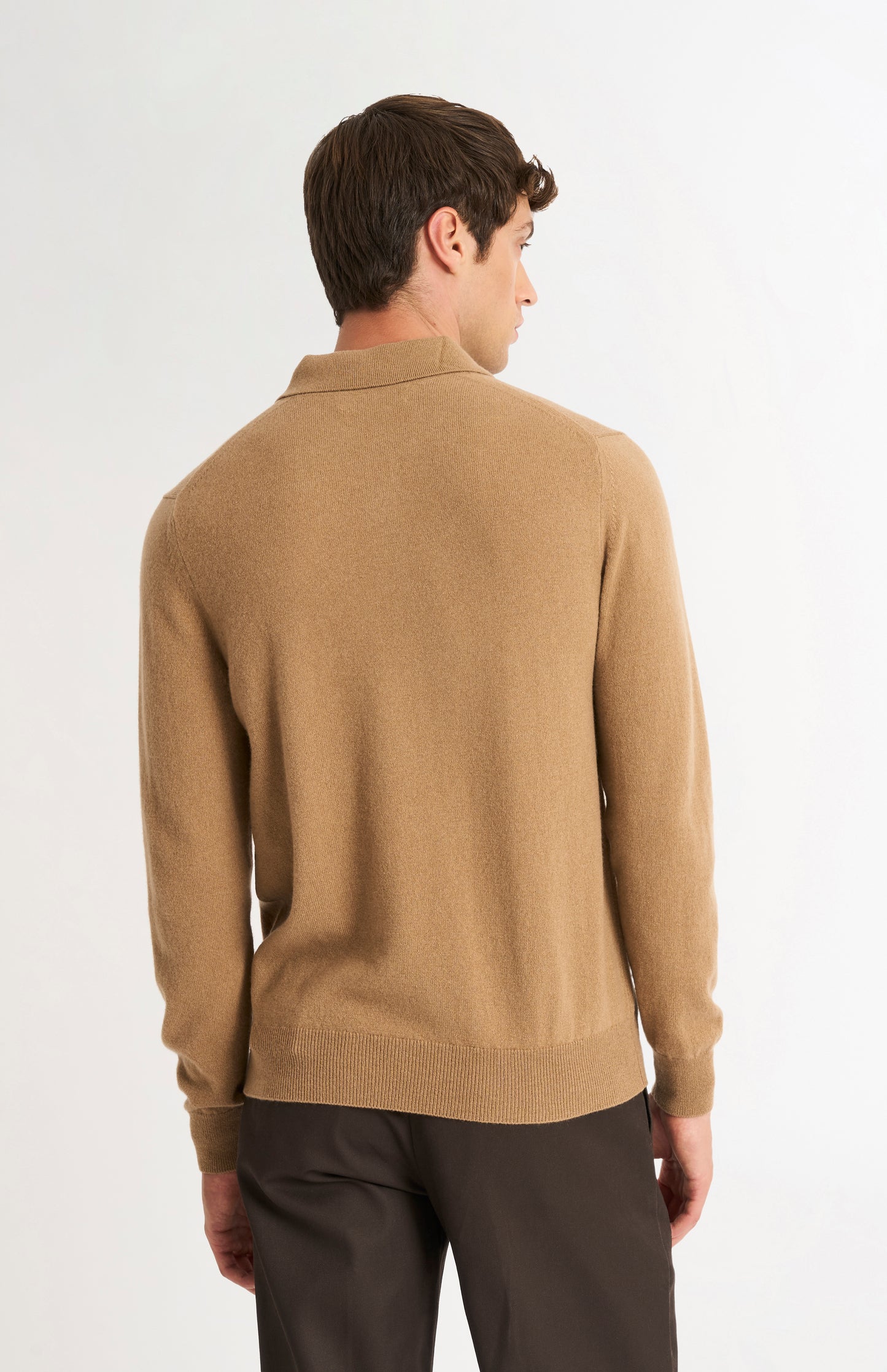 Pringle of Scotland Men’s Cashmere Polo Shirt Jumper In Camel rear view