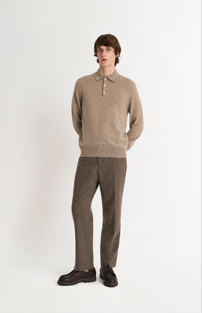 Pringle of Scotland Men’s Cashmere Polo Shirt Jumper In Camel on standing model