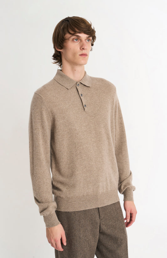 Pringle of Scotland Men’s Cashmere Polo Shirt Jumper In Camel on model