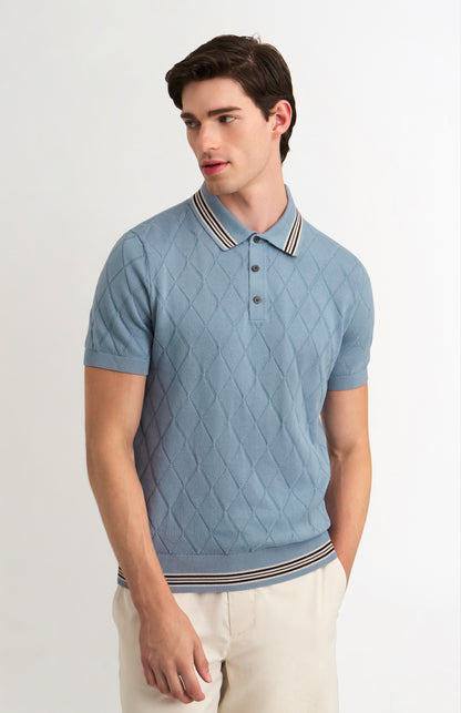 Men's Cotton And Silk Textured Argyle Polo Shirt In Light Blue