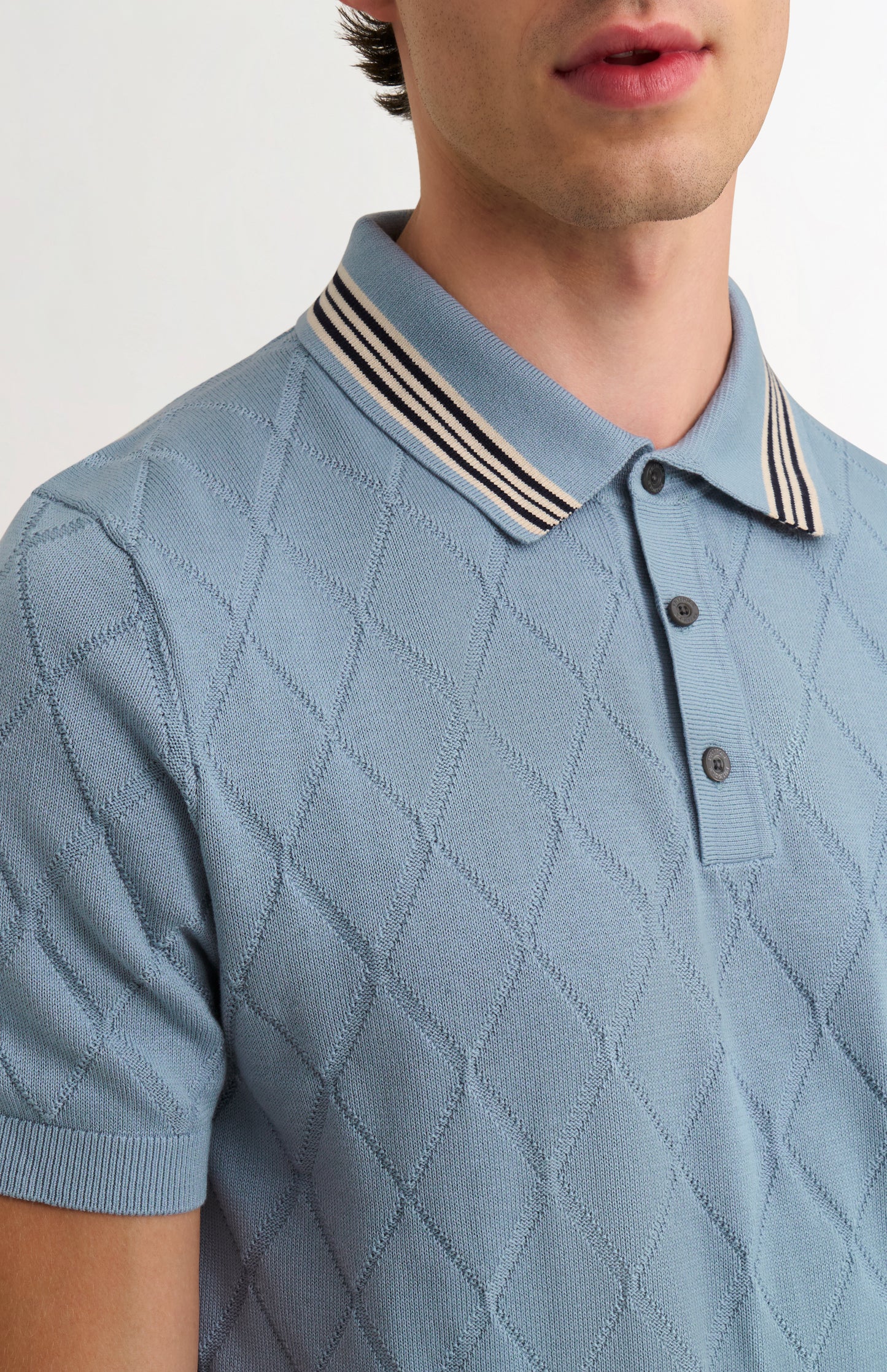 Men's Cotton And Silk Textured Argyle Polo Shirt In Light Blue