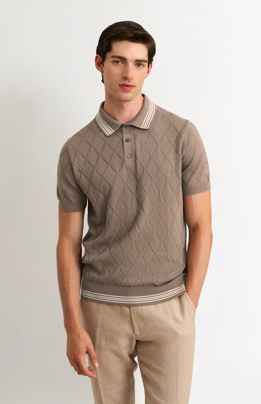 Men's Cotton And Silk Textured Argyle Polo Shirt In Mushroom