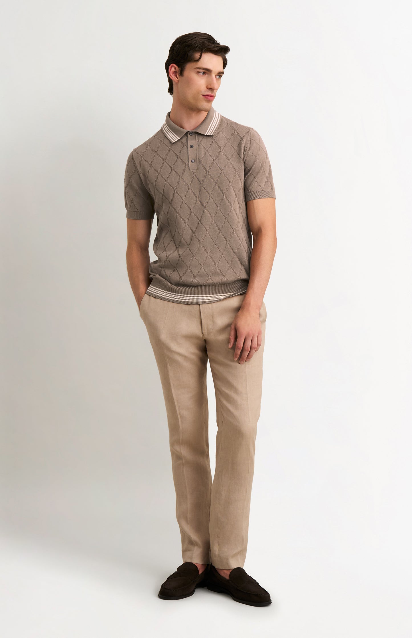 Men's Cotton And Silk Textured Argyle Polo Shirt In Mushroom