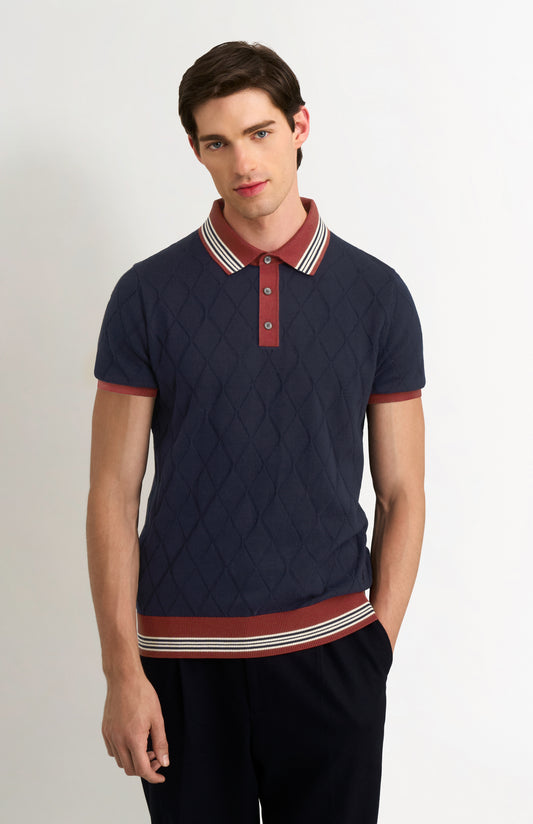 Men's Cotton And Silk Textured Argyle Polo Shirt In Navy