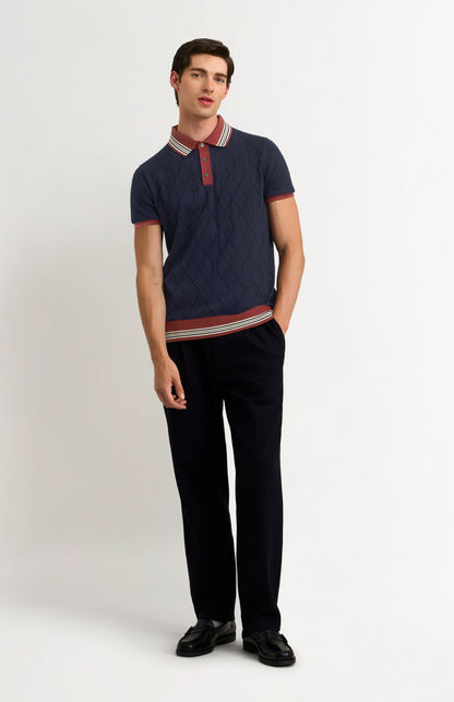 Men's Cotton And Silk Textured Argyle Polo Shirt In Navy