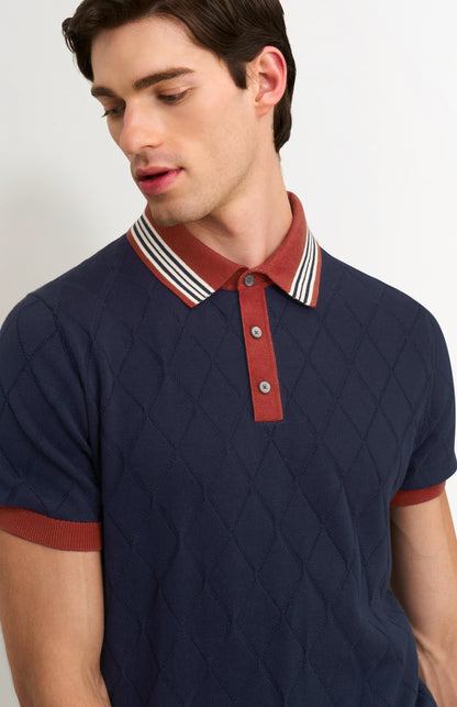 Men's Cotton And Silk Textured Argyle Polo Shirt In Navy
