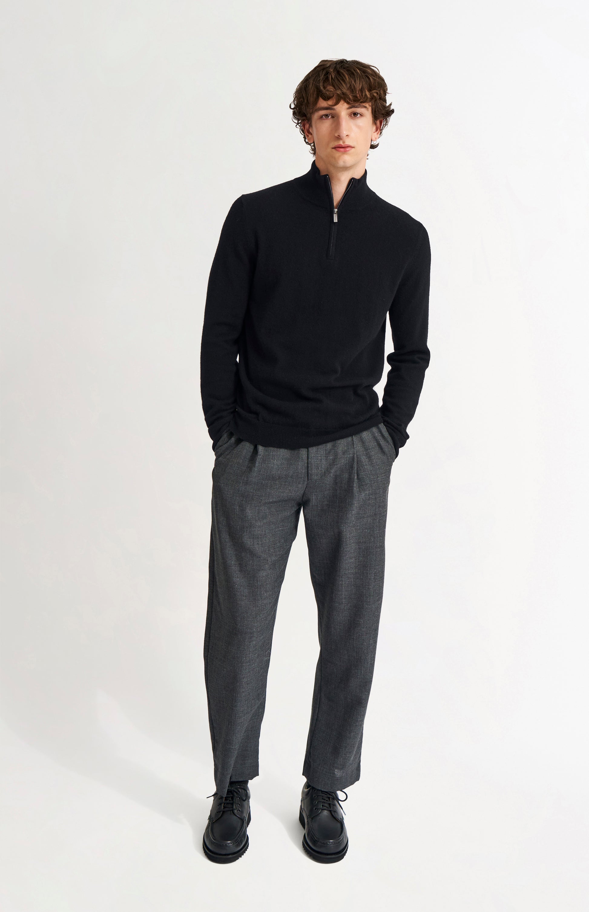 Pringle of Scotland Men's Quarter Zip Cashmere Jumper Classic In Black on model full length