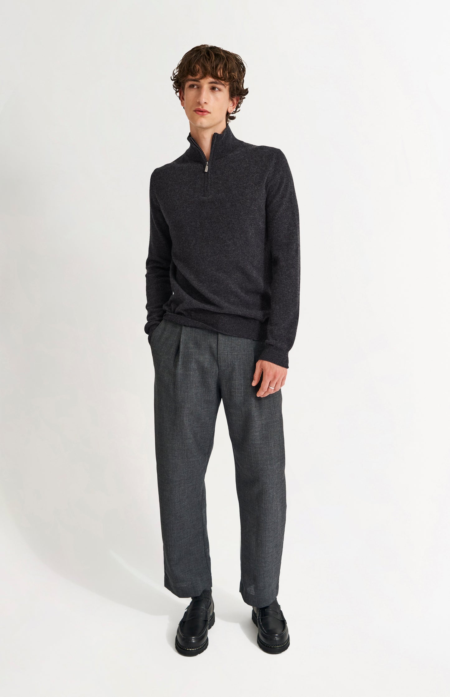 Pringle of Scotland Men's Quarter Zip Cashmere Jumper Classic In Charcoal on model full length