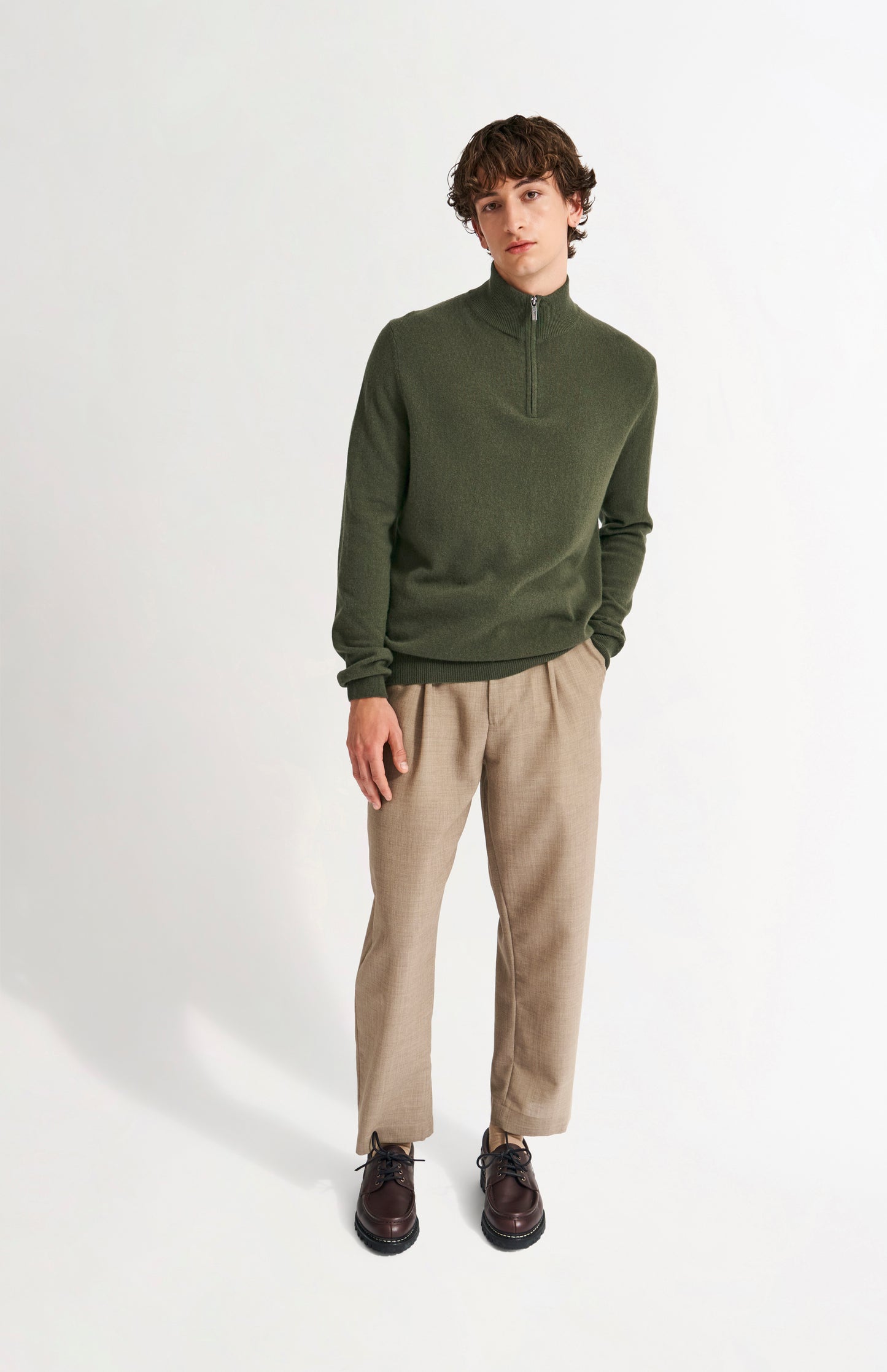 Pringle of Scotland Men's Quarter Zip Cashmere Jumper Classic In Evergreen on model full length