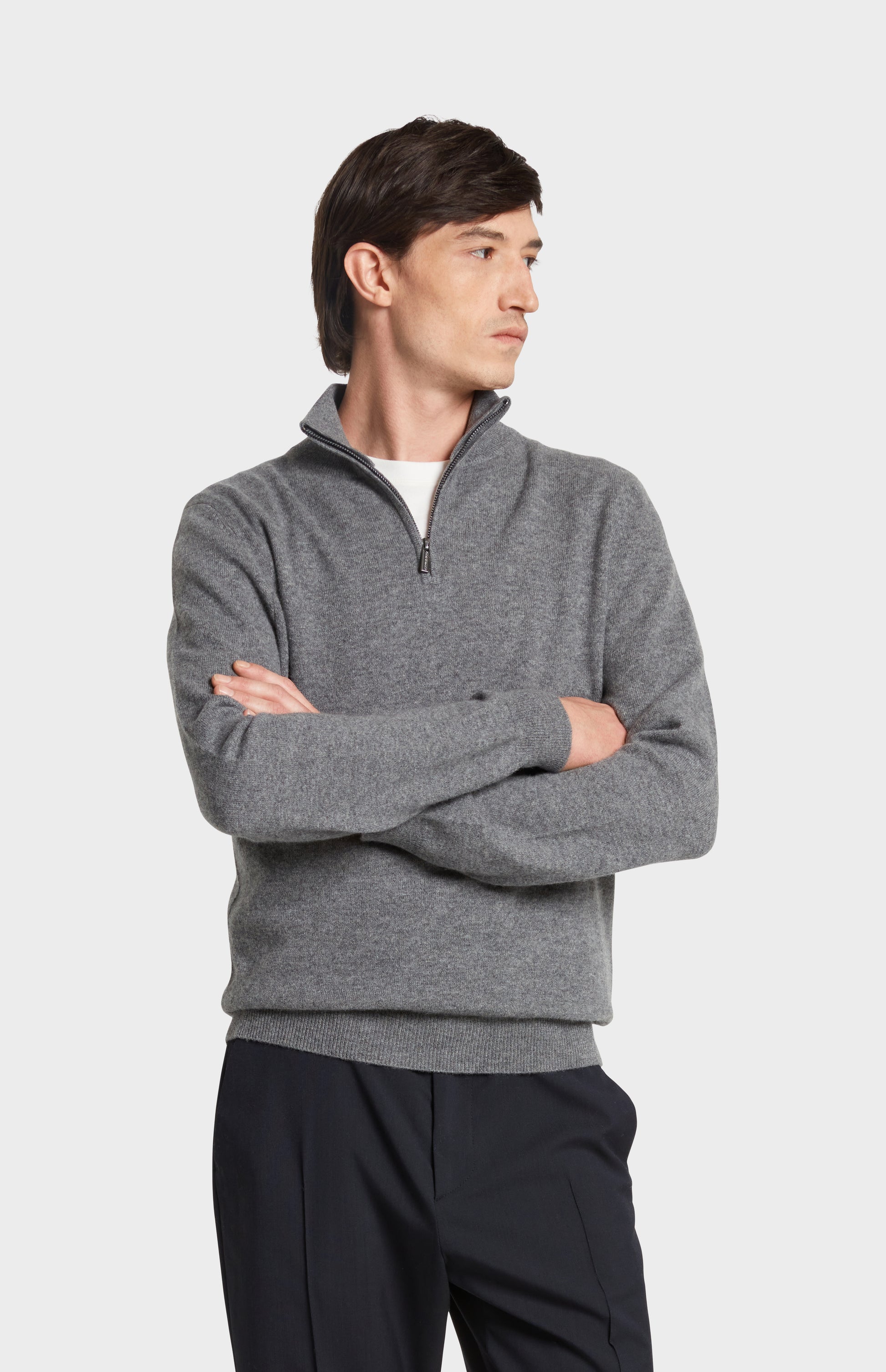 Pingle of Scotland Qtr Zip Cashmere Jumper in Grey Melange on Model