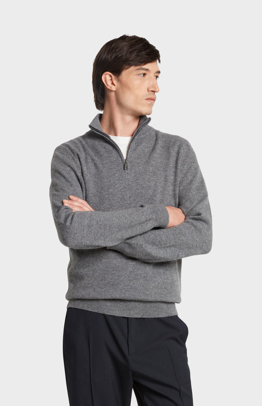 Pingle of Scotland Qtr Zip Cashmere Jumper in Grey Melange on Model