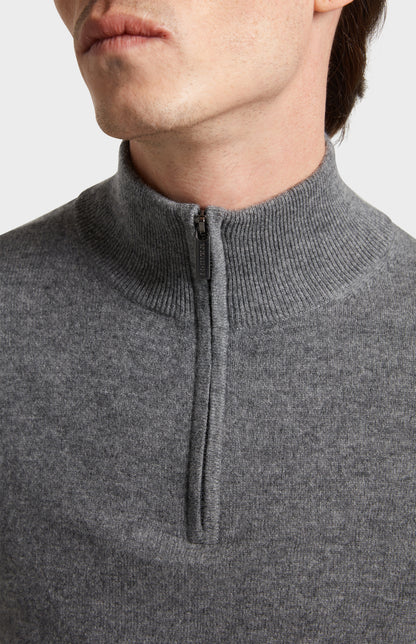 Close Up Image of Qtr Zip Cashmere Jumper in Grey Melange