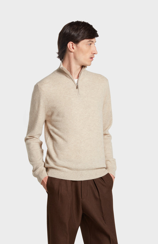 Pringle of Scotland Qtr Zip Cashmere Jmper In Oatmeal Jumper on Model