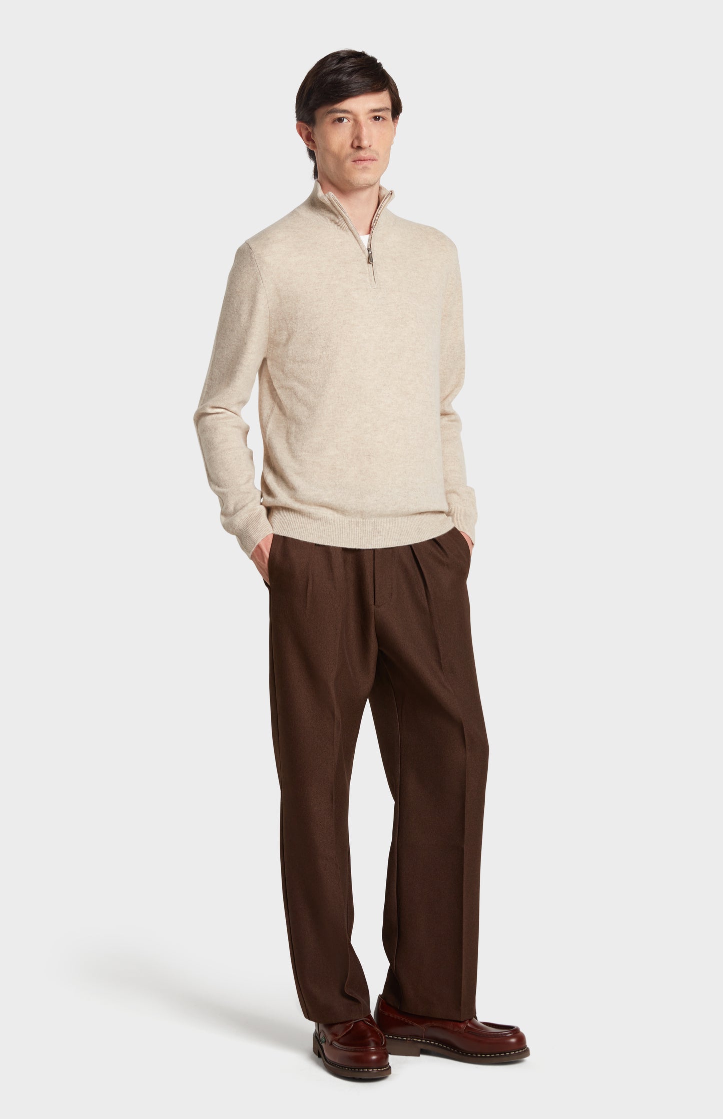 Full Front Look with Pringle of Scotland Qtr Zip Cashmere Jumper in Oatmeal Melange  