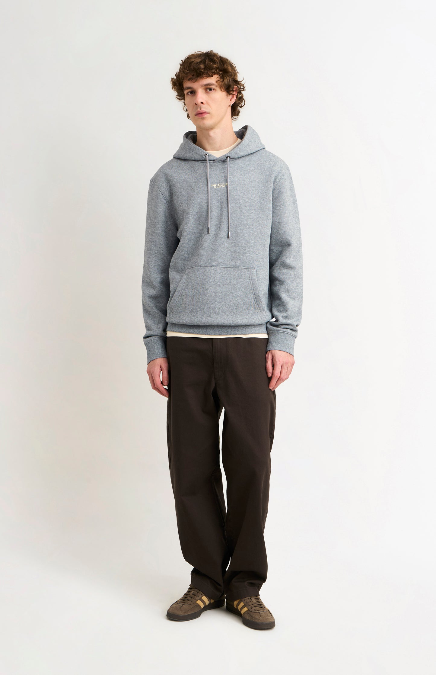 Pringle Men's Hooded Jumper In Grey Melange on model full length
