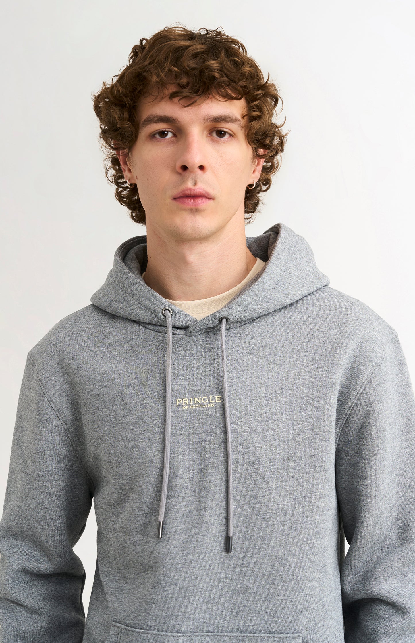 Pringle Men's Hooded Jumper In Grey Melange neck detail