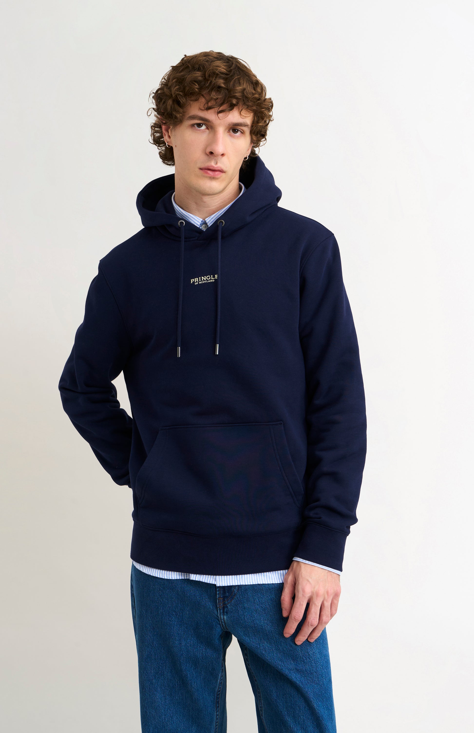 Pringle Men's Hooded Jumper In Navy Blue on model