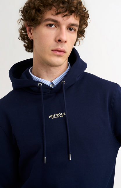 Pringle Men's Hooded Jumper In Navy Blue rubberised 3D logo detail