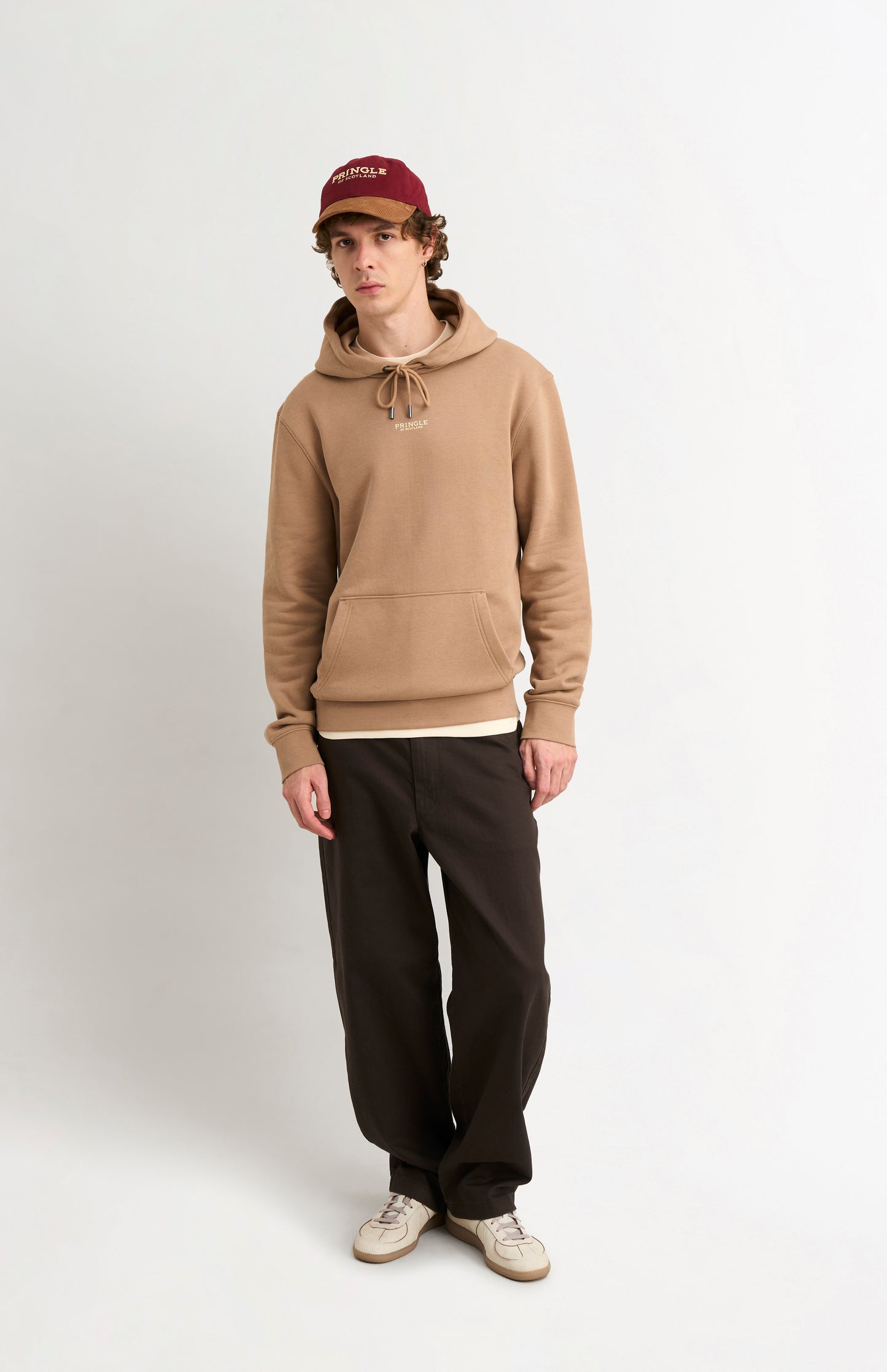 Pringle Men's Hooded Jumper In Mushroom on model full length