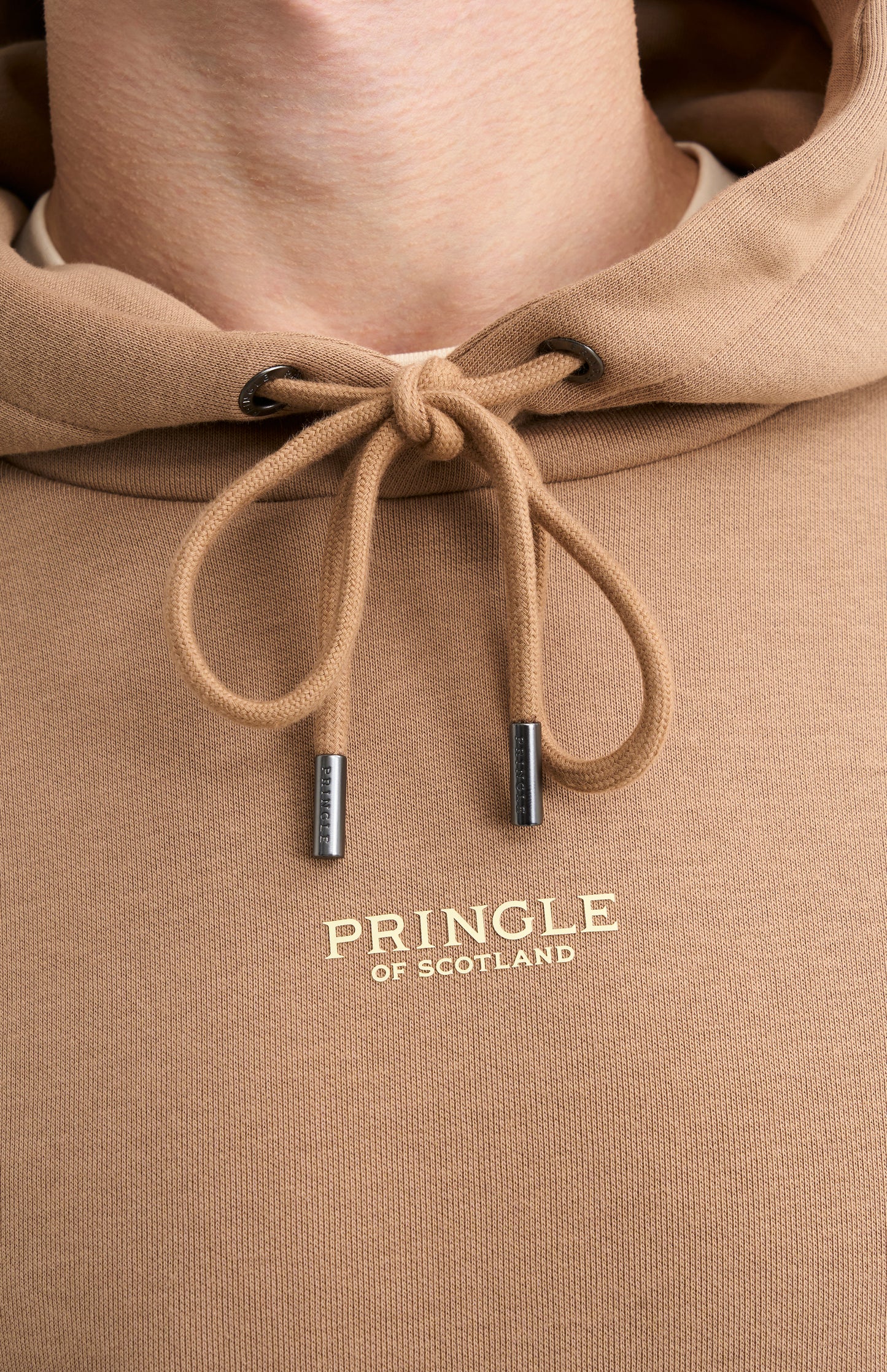 Pringle Men's Hooded Jumper In Mushroom rubberised 2D logo detail