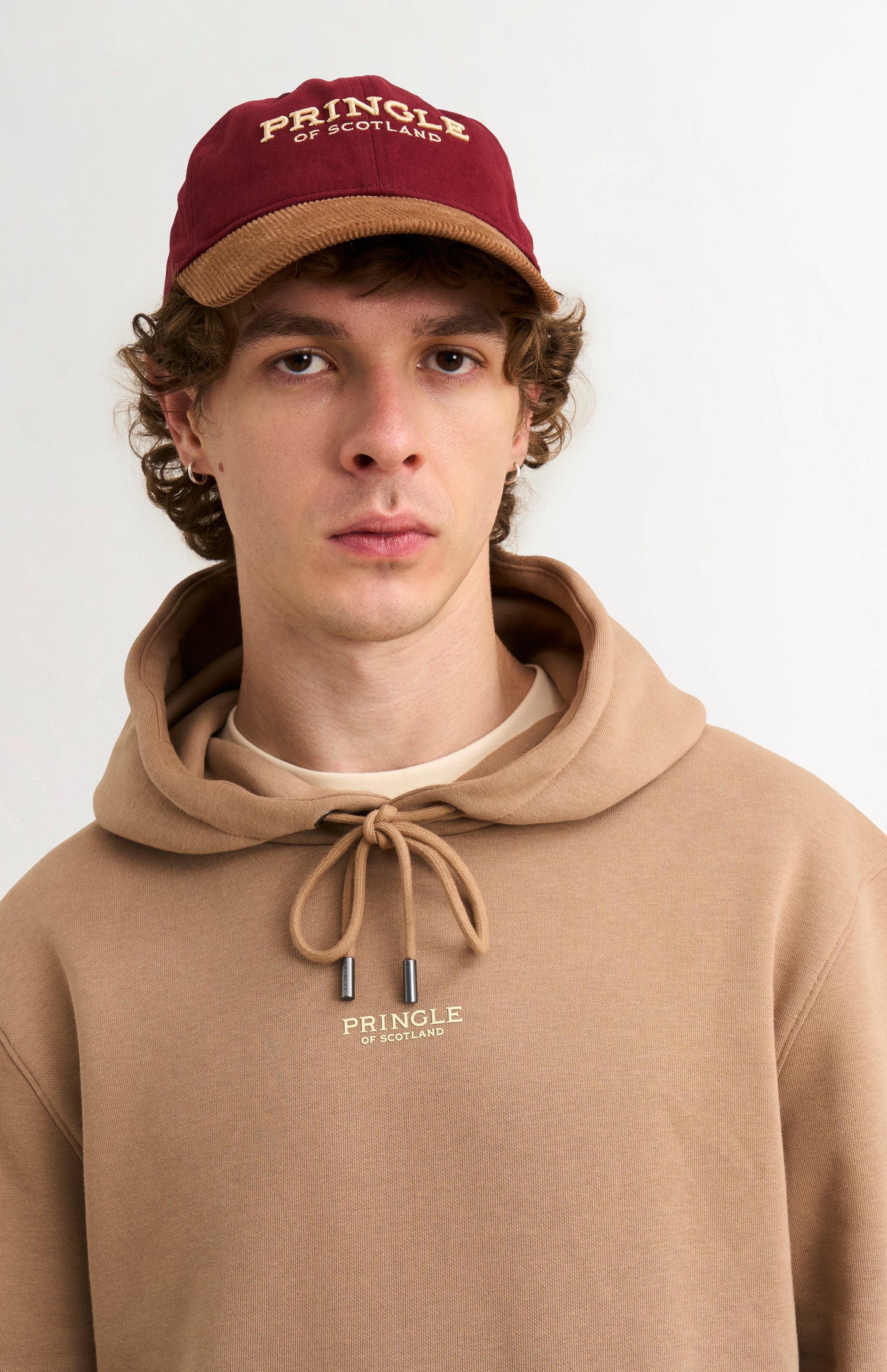 Pringle Men's Hooded Jumper In Mushroom neck detail