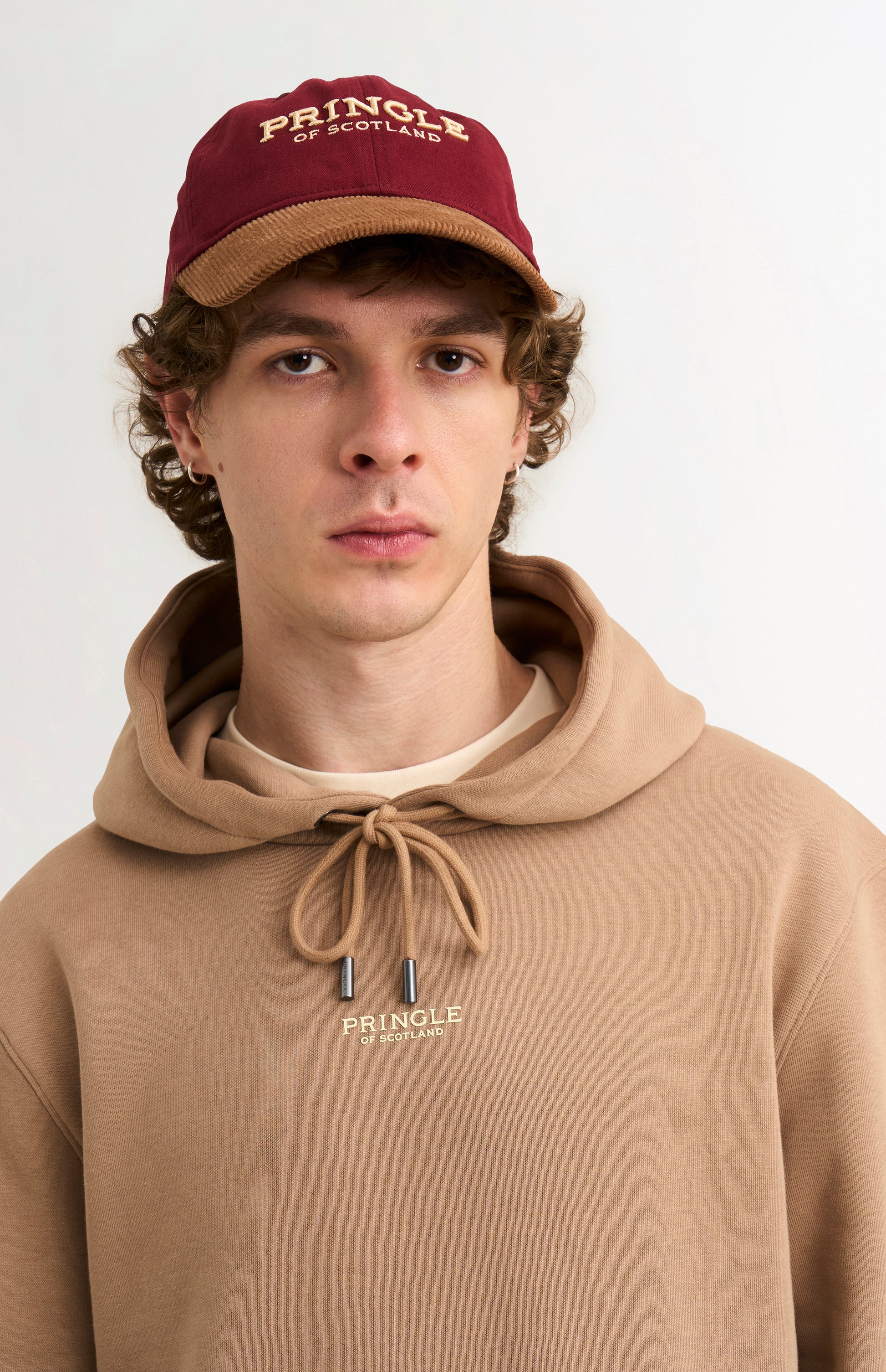 Pringle Men's Hooded Jumper In Mushroom neck detail