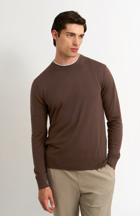 Men's Silk And Cotton Crew Neck Jumper In Chocolate Brown
