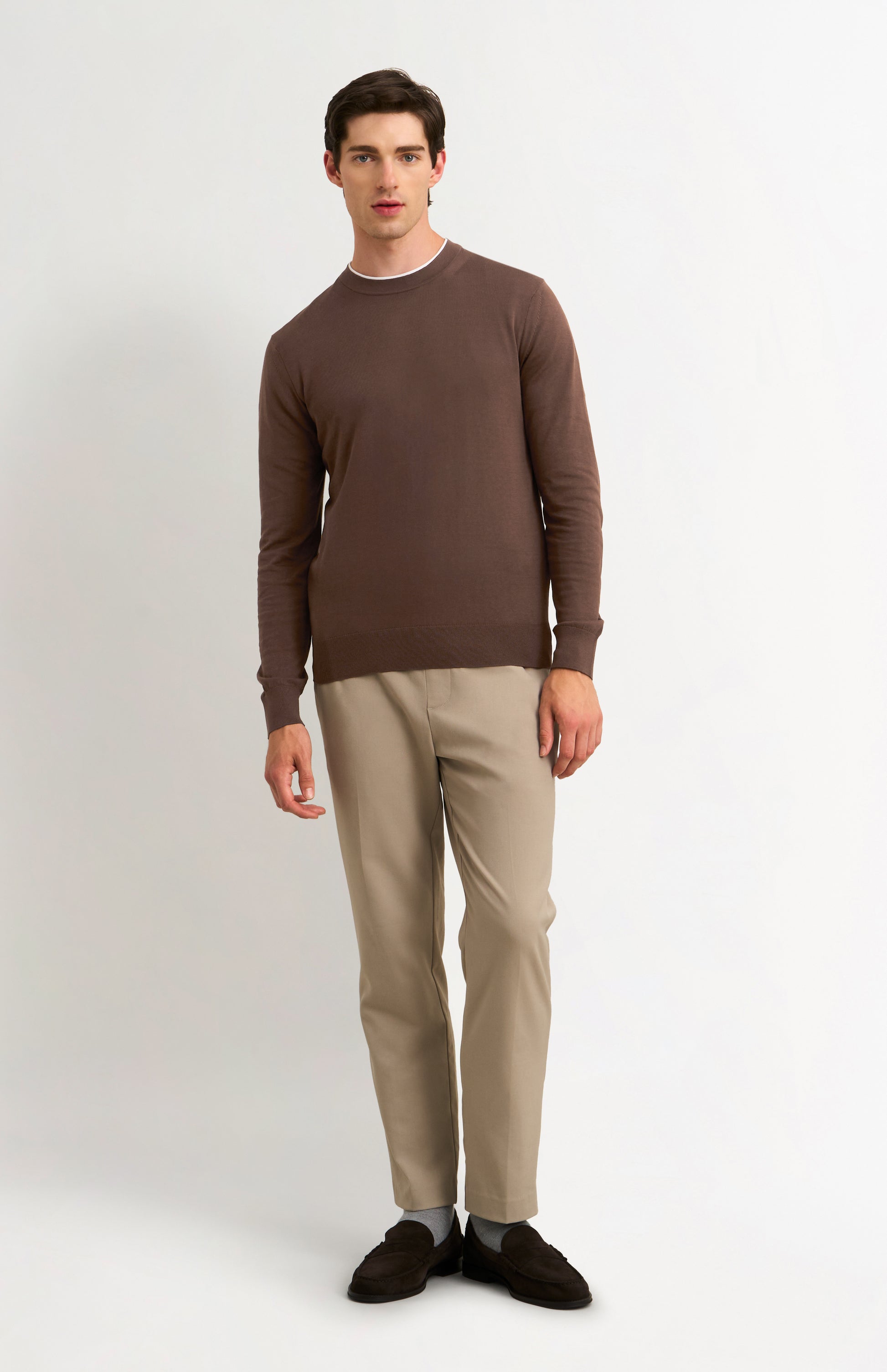 Men's Silk And Cotton Crew Neck Jumper In Chocolate Brown