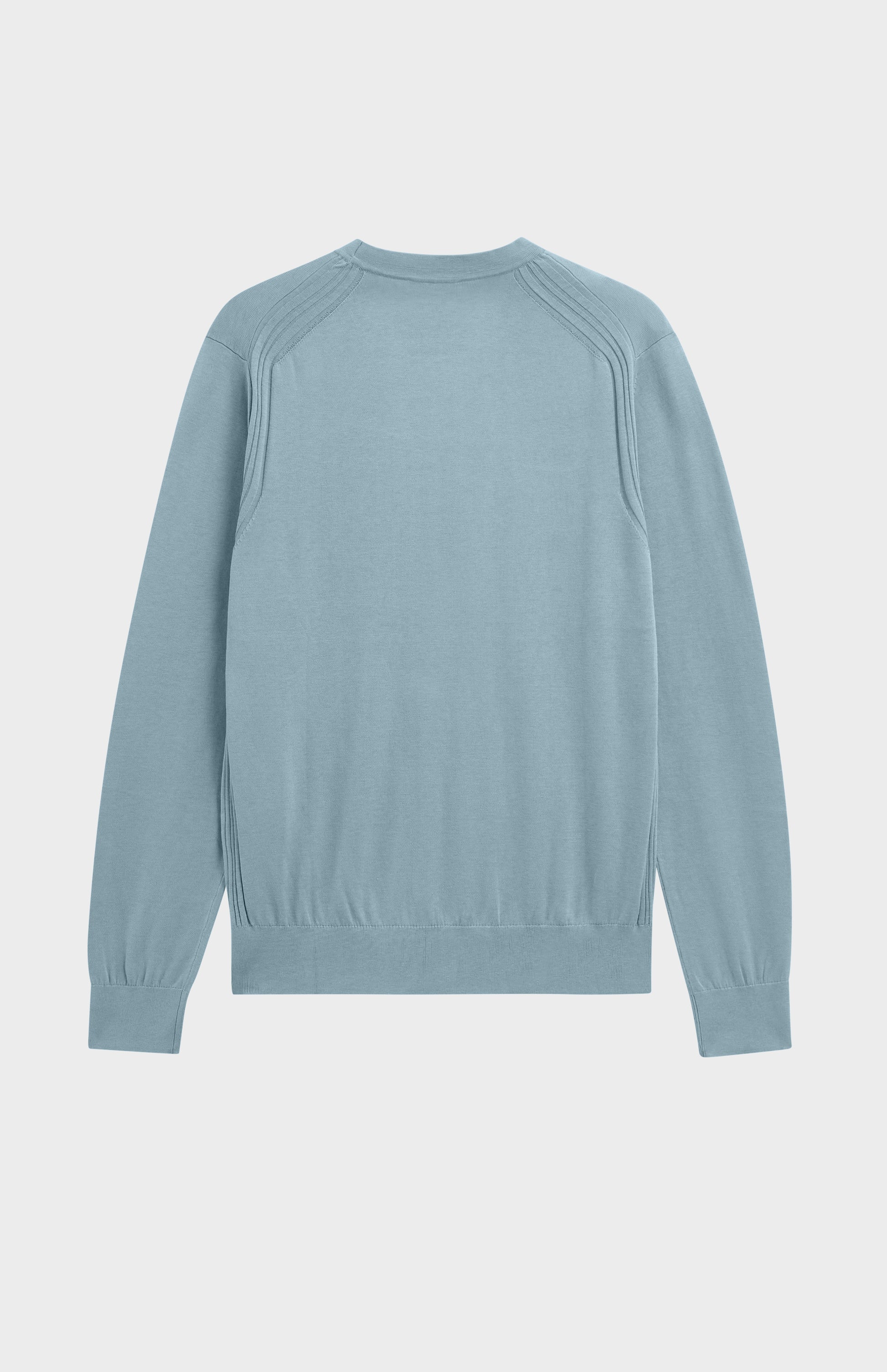 A light blue long-sleeve knit sweater shown from the back, featuring raglan-style shoulder seams, on a light gray background.