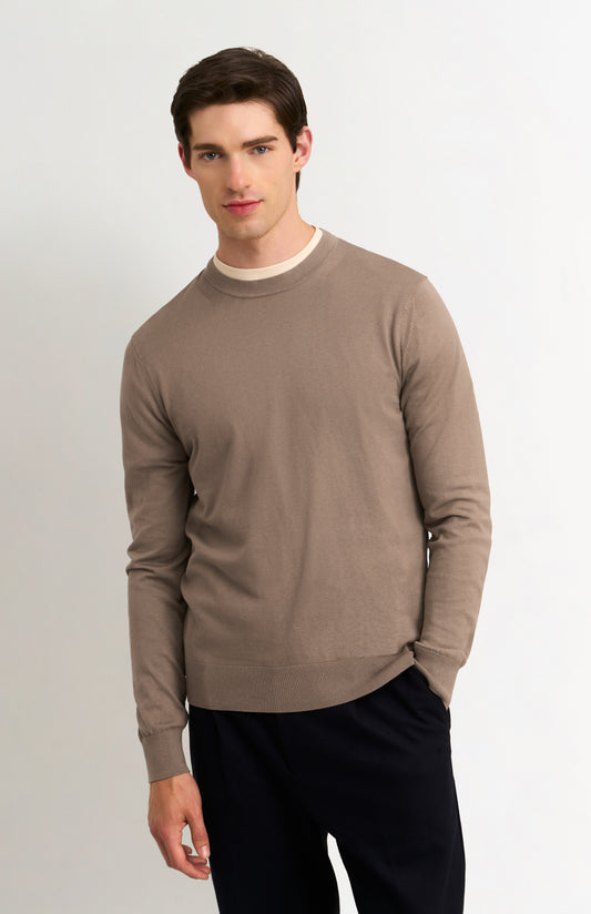 Men's Silk And Cotton Crew Neck Jumper In Mushroom