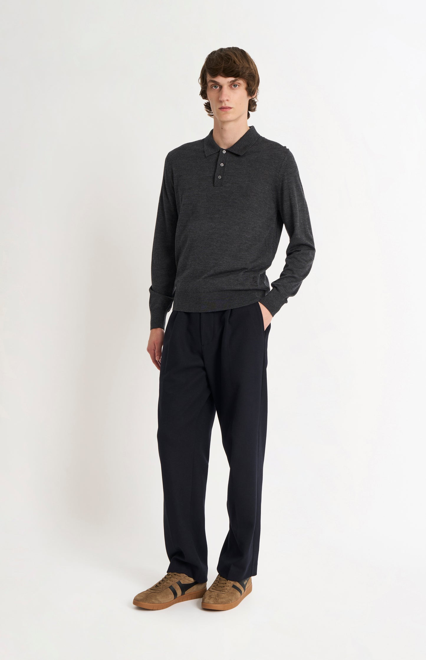 Pringle Men's Polo Shirt Fine Merino Wool Jumper in Charcoal Melange on standing model