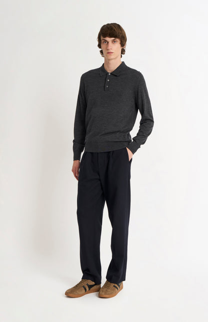 Pringle Men's Polo Shirt Fine Merino Wool Jumper in Charcoal Melange on standing model