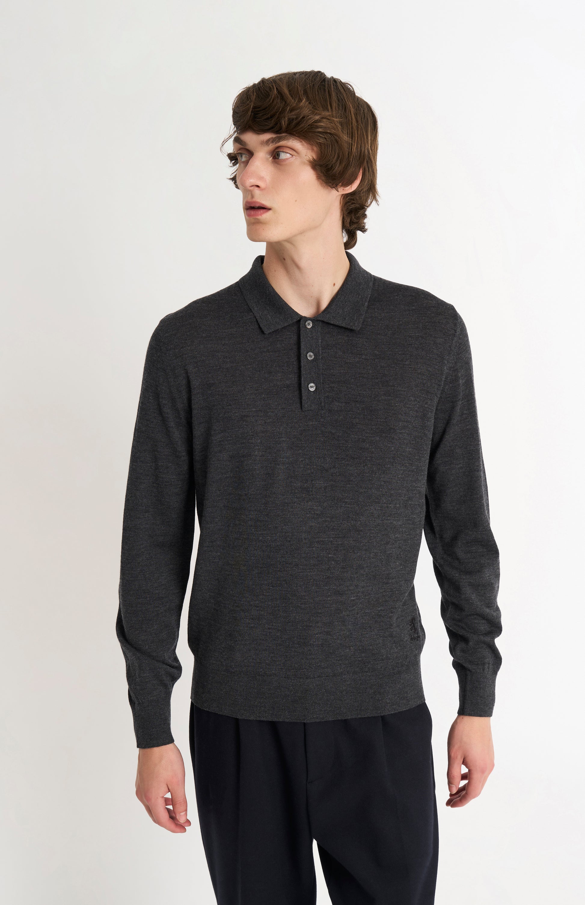 Pringle Men's Polo Shirt Fine Merino Wool Jumper in Charcoal Melange on model