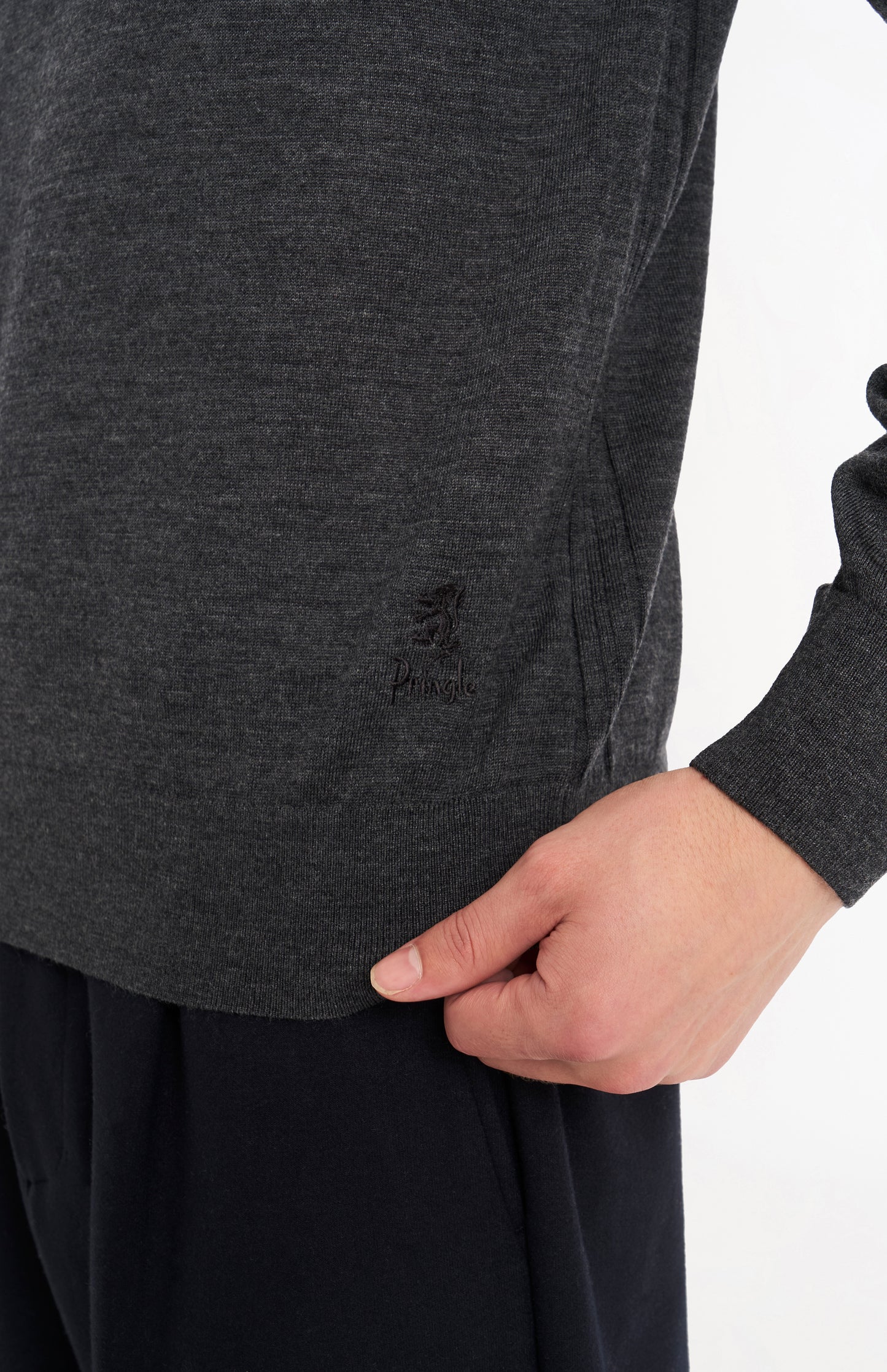 Pringle Men's Polo Shirt Fine Merino Wool Jumper in Charcoal Melange showing lion logo embroidery