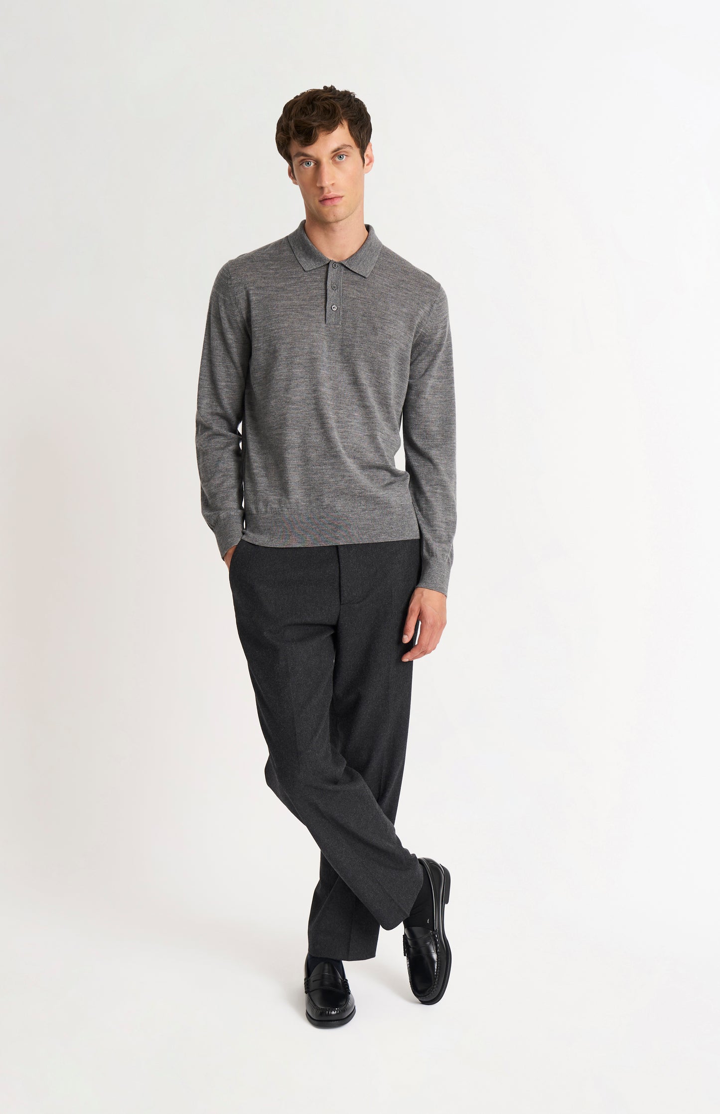 Pringle Men's Polo Shirt Extra Fine Merino Wool Jumper in Grey Melange on standing model