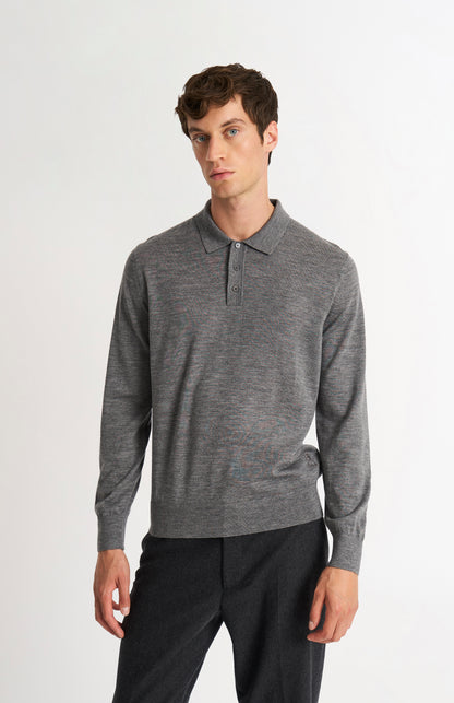 Pringle Men's Polo Shirt Extra Fine Merino Wool Jumper in Grey Melange on model