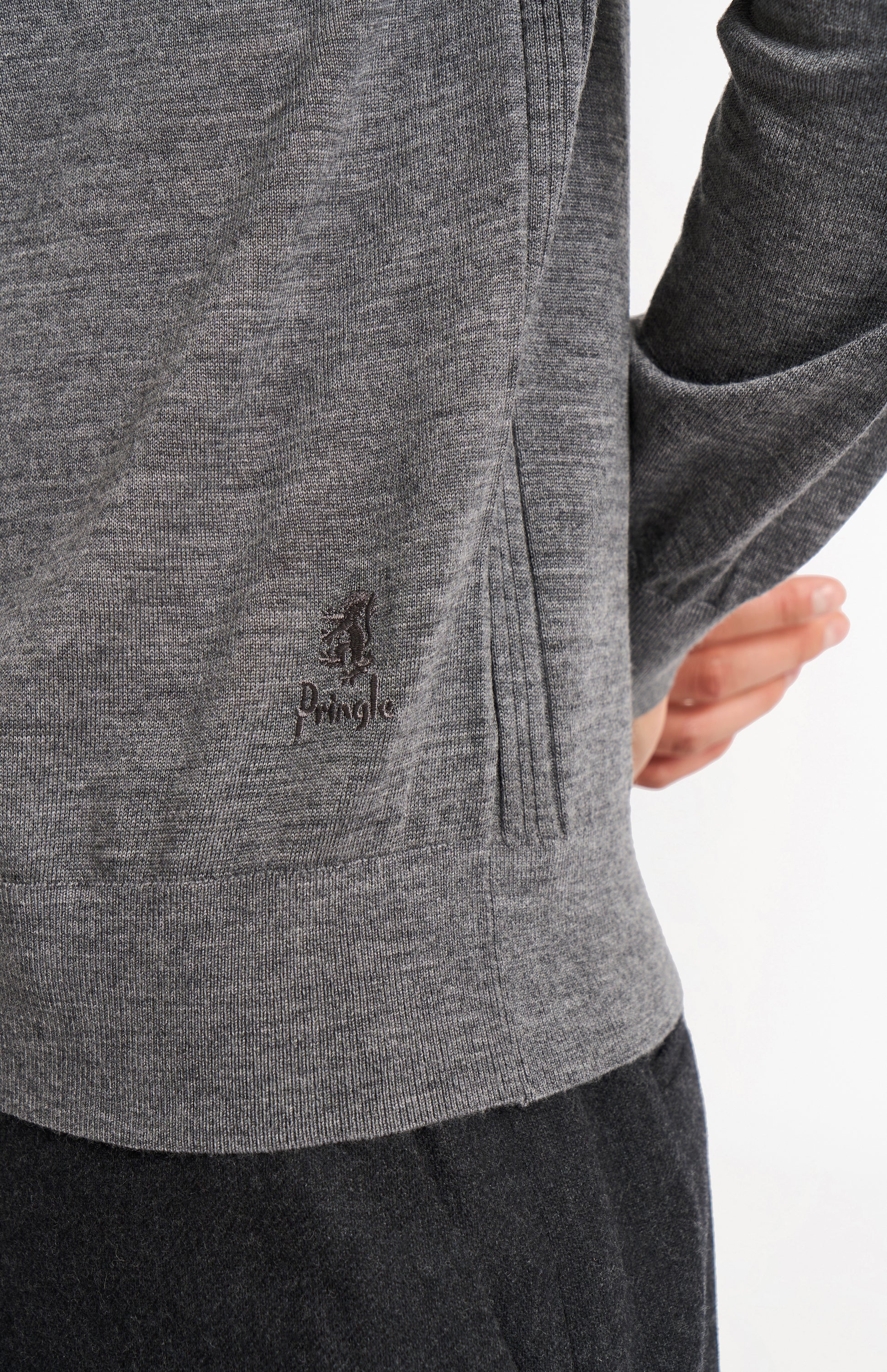 Pringle Men's Polo Shirt Extra Fine Merino Wool Jumper in Grey Melange showing lion embroidery
