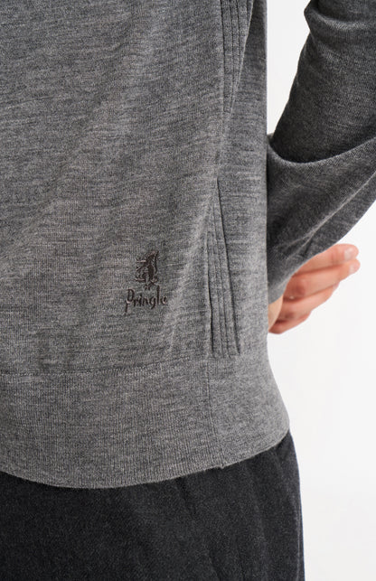 Pringle Men's Polo Shirt Extra Fine Merino Wool Jumper in Grey Melange showing lion embroidery