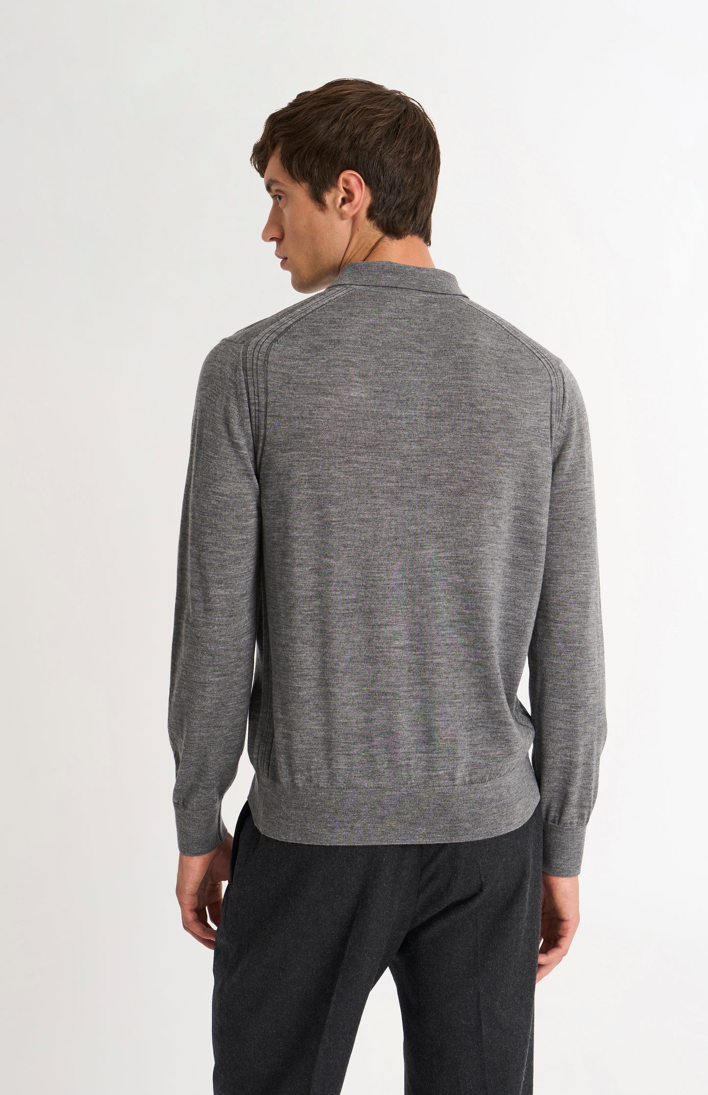 Pringle Men's Polo Shirt Extra Fine Merino Wool Jumper in Grey Melange rear view