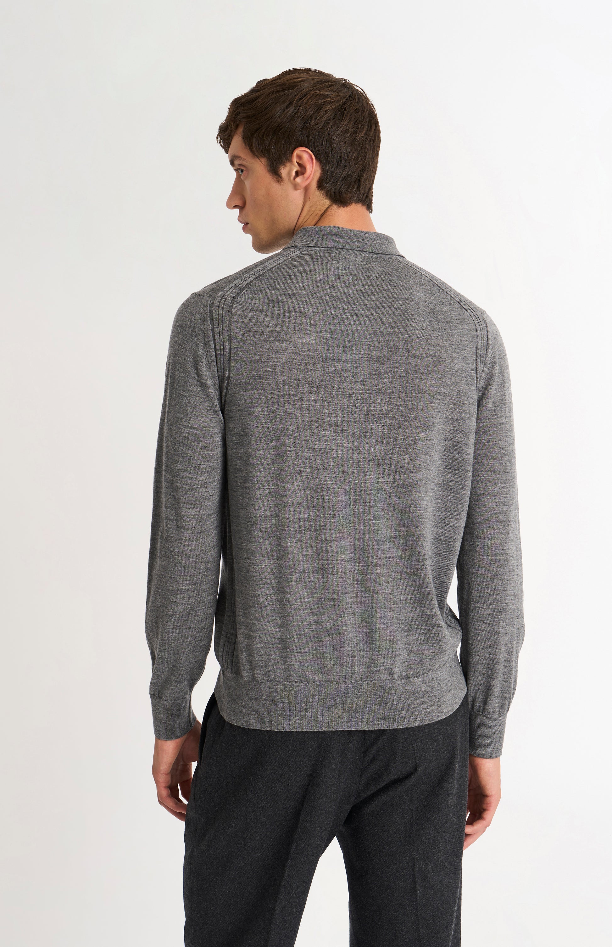 Pringle Men's Polo Shirt Extra Fine Merino Wool Jumper in Grey Melange rear view