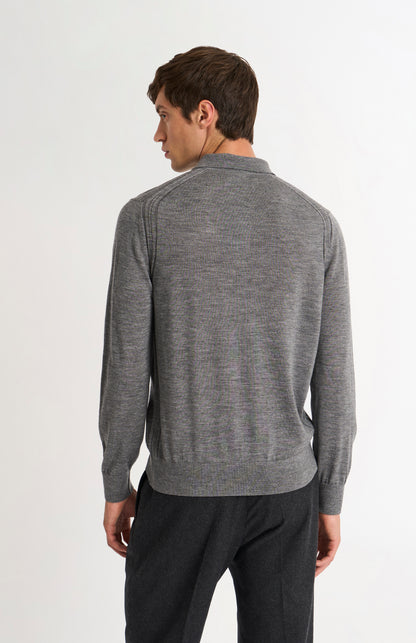 Pringle Men's Polo Shirt Extra Fine Merino Wool Jumper in Grey Melange rear view