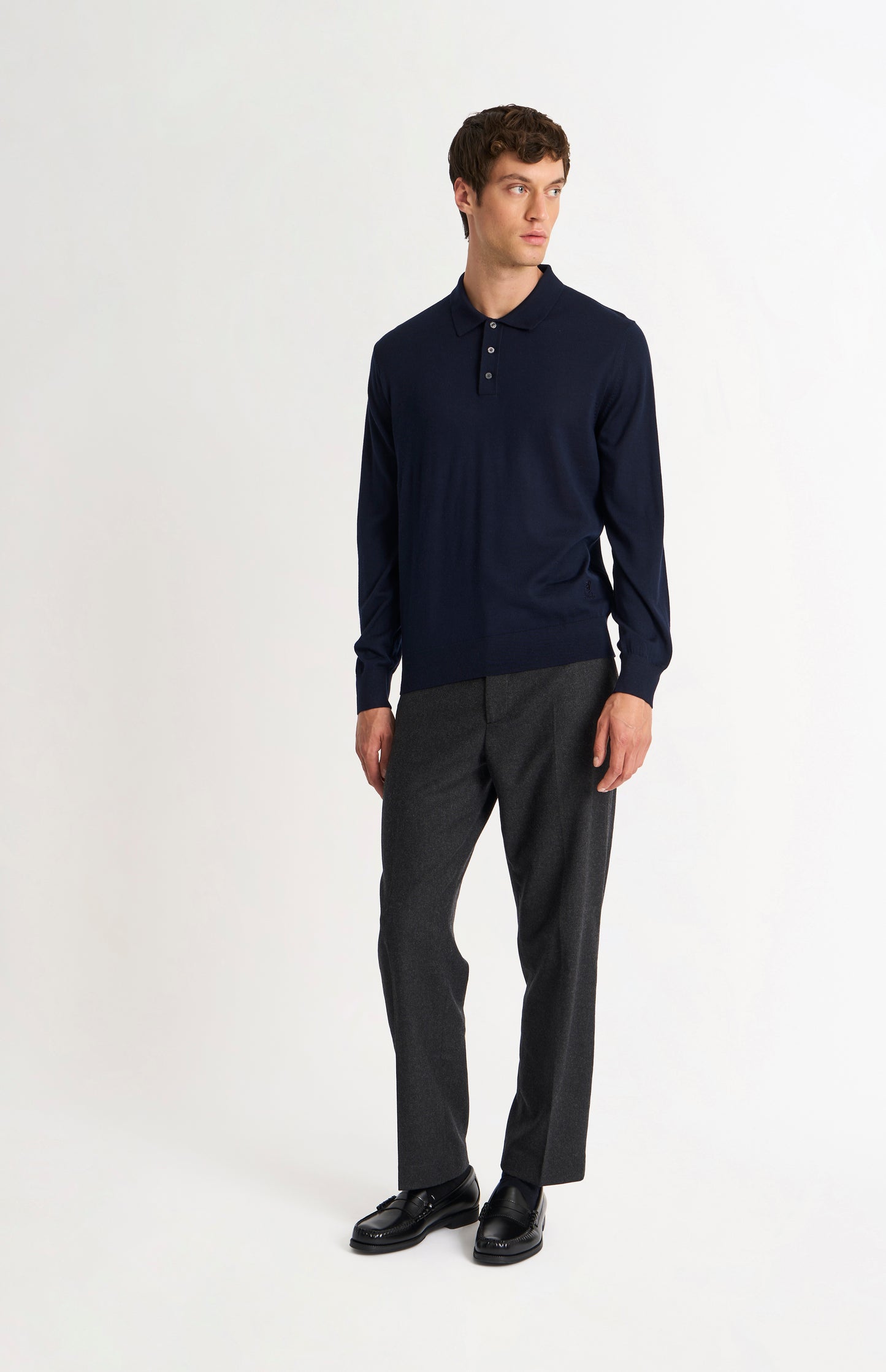 Men's Polo Shirt Extra Fine Merino Wool Jumper In Navy Blue