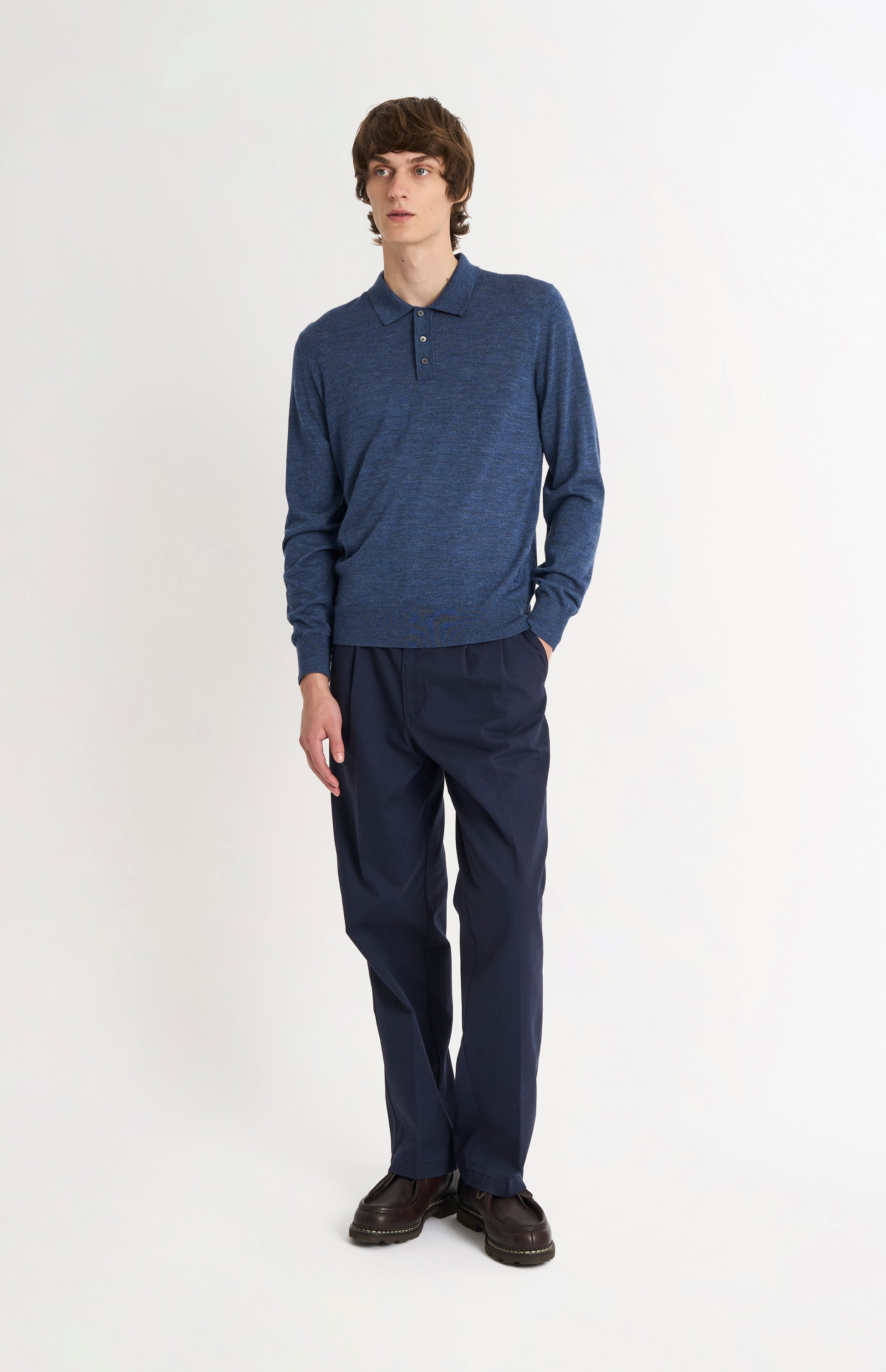 Pringle Men's Polo Shirt Extra Fine Merino Wool Jumper in Blue on standing model