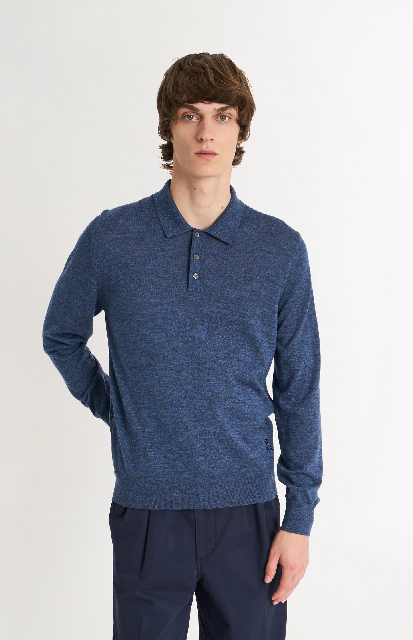 Pringle Men's Polo Shirt Extra Fine Merino Wool Jumper in Blue on model